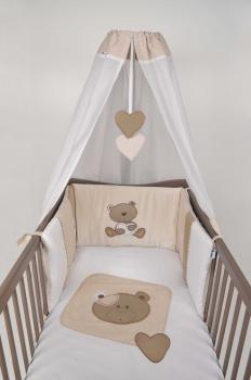 Macko 4-dielna súprava do postieľky (obliečky na prikrývky a vankúšik, mantinely, nebies)